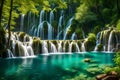 Exotic waterfall and lake panorama landscape of Plitvice Lakes Generated AI