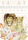 Exotic wedding card. Lion King and Lioness - savannah cats. Watercolor animal africa wildlife. Boho flowers, dried botanical garde