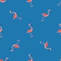 Exotic wild nature seamless pattern with little bright flamingo print. Blue background. Simple design