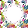Exotic wildflower cactus frame in a watercolor style.