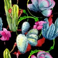 Exotic wildflower cactus pattern in a watercolor style.