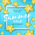 Exotic Yellow Carambola star fruit Summer Sale Banner in paper cut style. Origami juicy ripe starfruit slices. Healthy