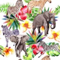 Exotic zebra and elephant wild animals pattern in a watercolor style. Royalty Free Stock Photo