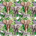 Exotic zebra and elephant wild animals pattern in a watercolor style. Royalty Free Stock Photo