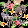 Exotic zebra and elephant wild animals pattern in a watercolor style. Royalty Free Stock Photo