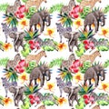 Exotic zebra and elephant wild animals pattern in a watercolor style. Royalty Free Stock Photo