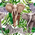 Exotic zebra and elephant wild animals pattern in a watercolor style. Royalty Free Stock Photo