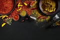 Exotically Spice Mix - spice, herbs, powder top view over dark background. Cooking and spicy food concept. Copy space Royalty Free Stock Photo