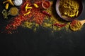 Exotically Spice Mix - spice, herbs, powder top view over dark background. Cooking and spicy food concept. Copy space Royalty Free Stock Photo