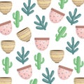 Exotics cactus plants and ceramic pots pattern