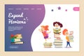 Expand horizons vector concept. Reading landing page template. Cartoon kids read books