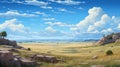 Expansive Anime Art: Grassy Field With Rocks And Monumental Scale