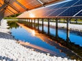 Expansive array of bifacial solar panels creating renewable energy, elegantly suspended over a shimmering water surface reflecting Royalty Free Stock Photo