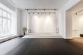 Expansive blank canvas: Minimalist gallery space illuminated with natural and artificial light Royalty Free Stock Photo