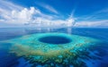 An expansive blue hole takes center stage in this aerial photo, encircled by the rich textures of the surrounding coral