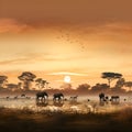 Panorama of wild Africa at dawn, elephants, various animals