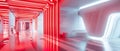 An expansive corridor bathed in red neon light, with architectural columns and glossy reflections on the floor.
