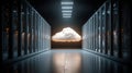 Expansive data center aisle featuring endless rows of powerful network servers and glowing hardware with a digital cloud icon Royalty Free Stock Photo