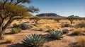 African Desert Landscape with Agave Plants and Distant Hills at Sunny Day Royalty Free Stock Photo