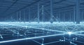 Vast futuristic digital network grid illuminating a modern industrial warehouse interior with blue light Royalty Free Stock Photo