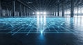 Vast futuristic warehouse interior illuminated by glowing blue digital network lines and bright overhead lights Royalty Free Stock Photo