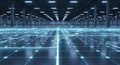 Futuristic digital network grid overlayed on a vast industrial warehouse interior with blue neon lighting Royalty Free Stock Photo