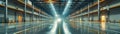 Expansive distribution center, clean design, front view, showing logistic capabilities, scifi tone, Splitcomplementary color