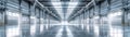 Expansive distribution center, clean design, front view, showing logistic capabilities, scifi tone, Splitcomplementary color