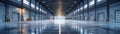 Expansive distribution center, clean design, front view, showing logistic capabilities, scifi tone, Splitcomplementary color