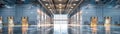 Expansive distribution center, clean design, front view, showing logistic capabilities, scifi tone, Splitcomplementary color