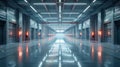 Expansive distribution center, clean design, front view, showing logistic capabilities, scifi tone, Splitcomplementary color