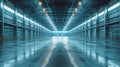 Expansive distribution center, clean design, front view, showing logistic capabilities, scifi tone, Splitcomplementary color