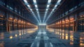 Expansive distribution center, clean design, front view, showing logistic capabilities, scifi tone, Splitcomplementary color