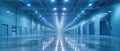Expansive distribution center, clean design, front view, showing logistic capabilities, scifi tone, Splitcomplementary color