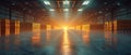 Expansive distribution center, clean design, front view, showing logistic capabilities, scifi tone, Splitcomplementary color