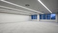 Empty Modern Office Space with Tiled Floor and Bright Linear Ceiling Lights and Large Windows Keywords: office Royalty Free Stock Photo