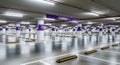 Empty Underground Parking Garage with Rows of White Pillars and Purple Signage interior concrete Royalty Free Stock Photo