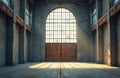 Expansive empty warehouse interior features large arched window with grid pattern, rusted metal double doors. Concrete walls, Royalty Free Stock Photo