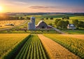 Bales dot the field beyond, and a white farmhouse with a porch Royalty Free Stock Photo