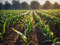 Expansive field of corn with drip irrigation system. Royalty Free Stock Photo