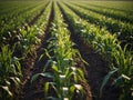 Expansive field of corn with drip irrigation system. Royalty Free Stock Photo