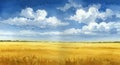 Expansive field of golden wheat under a vast, open sky with scattered white