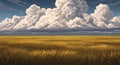 Expansive golden field under a dramatic sky filled with towering cumulus clouds. The Royalty Free Stock Photo