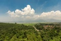Aerial landscape view of a lush green valley with fields and distant mountains under cloudy skies Royalty Free Stock Photo