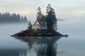 Expansive House island foggy lake. Generate Ai Royalty Free Stock Photo