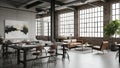 Industrial loft studio with large windows and architectural models interior architecture Royalty Free Stock Photo
