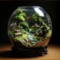 An expansive landscape, artfully miniaturized and encased within a glass sphere