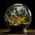 An expansive landscape, artfully miniaturized and encased within a glass sphere