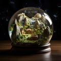 An expansive landscape, artfully miniaturized and encased within a glass sphere