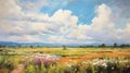 Expansive Landscapes: A Delicate Meadow Of Flowers And Clouds